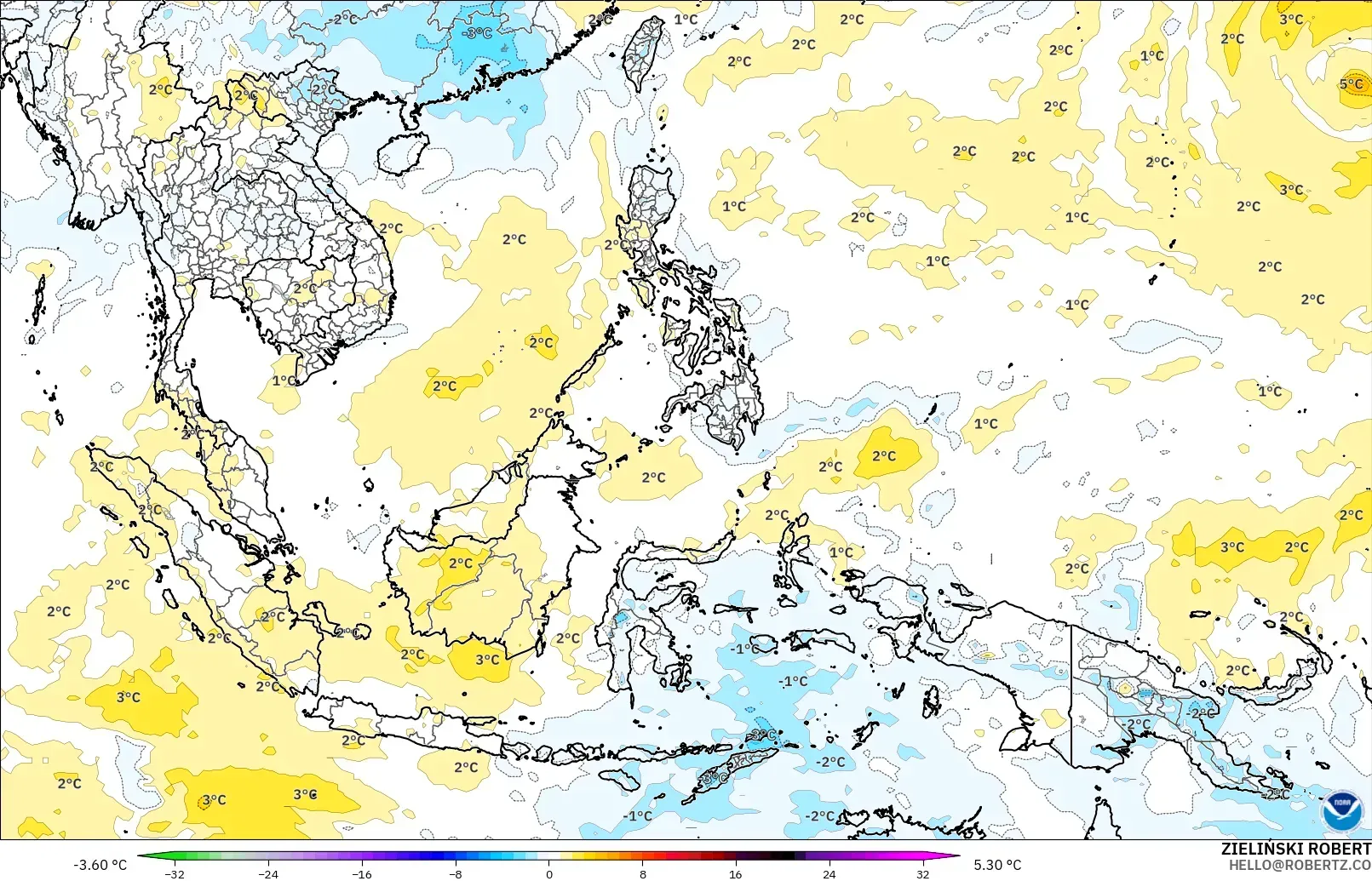 GFS modelo - Sudeste Asiático, Anomalía de temperatura a 850 hPa
