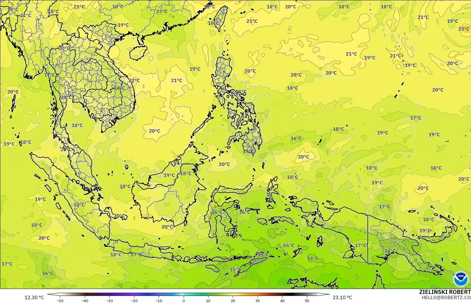 GFS modelo - Sudeste Asiático, Temperatura a 850 hPa