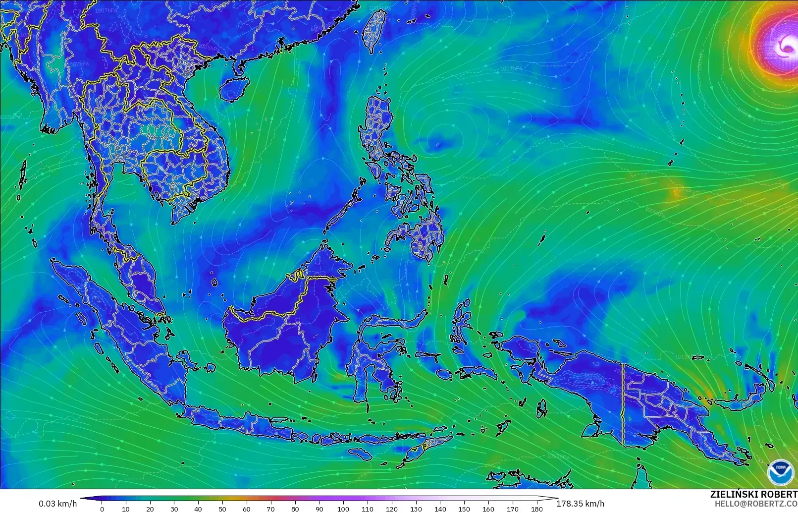 GFS modelo - Sudeste Asiático, Viento a 10 m