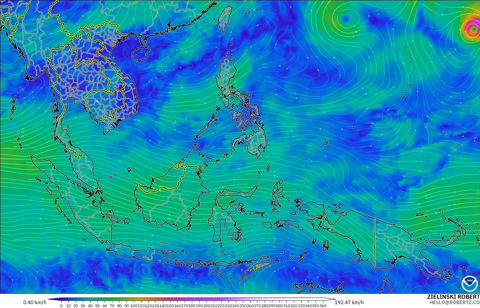 GFS modelo - Sudeste Asiático, Viento a 300 hPa (corriente en chorro)