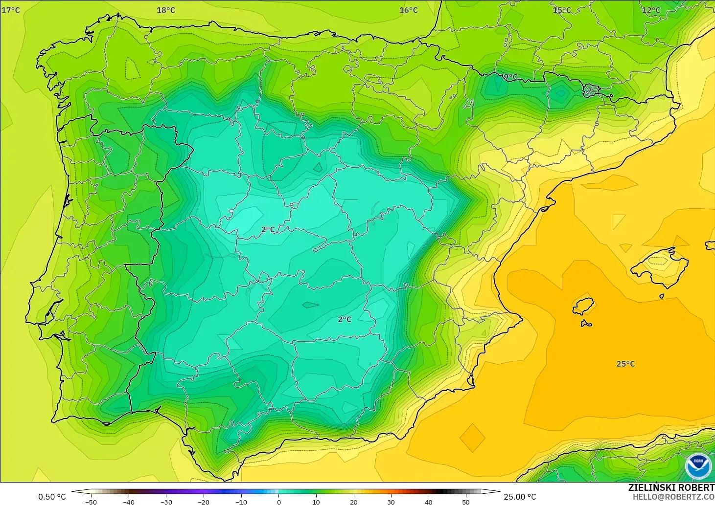 GFS modelo - España, Punto de rocío a 2 m