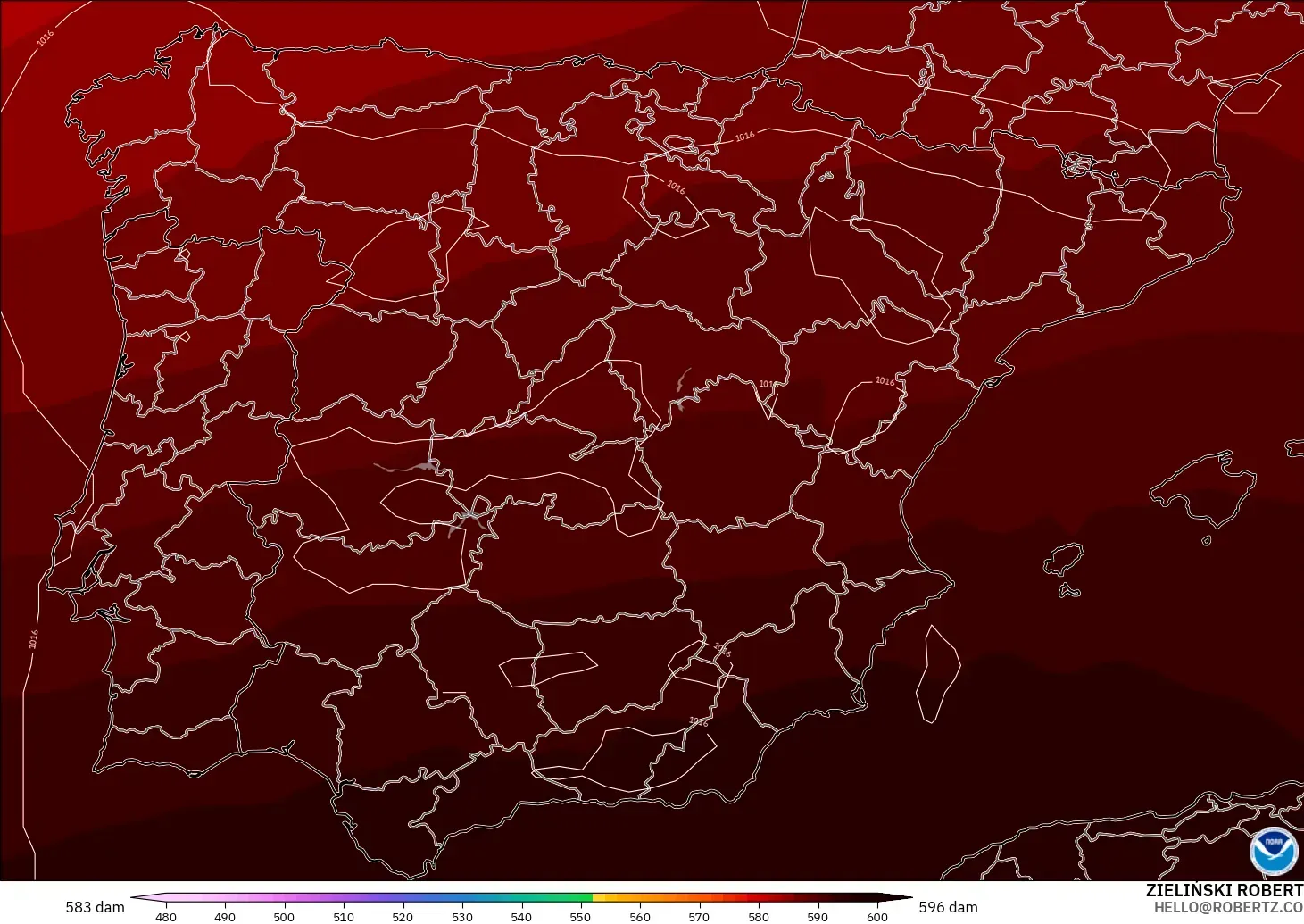 GFS modelo - España, Altura geopotencial a 500 hPa