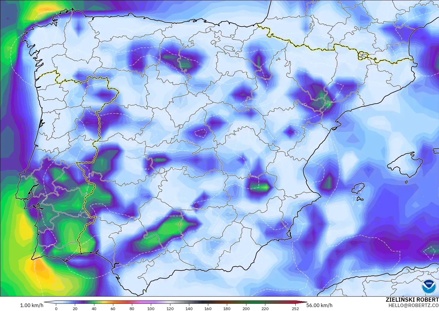 GFS modelo - España, Ráfagas de viento