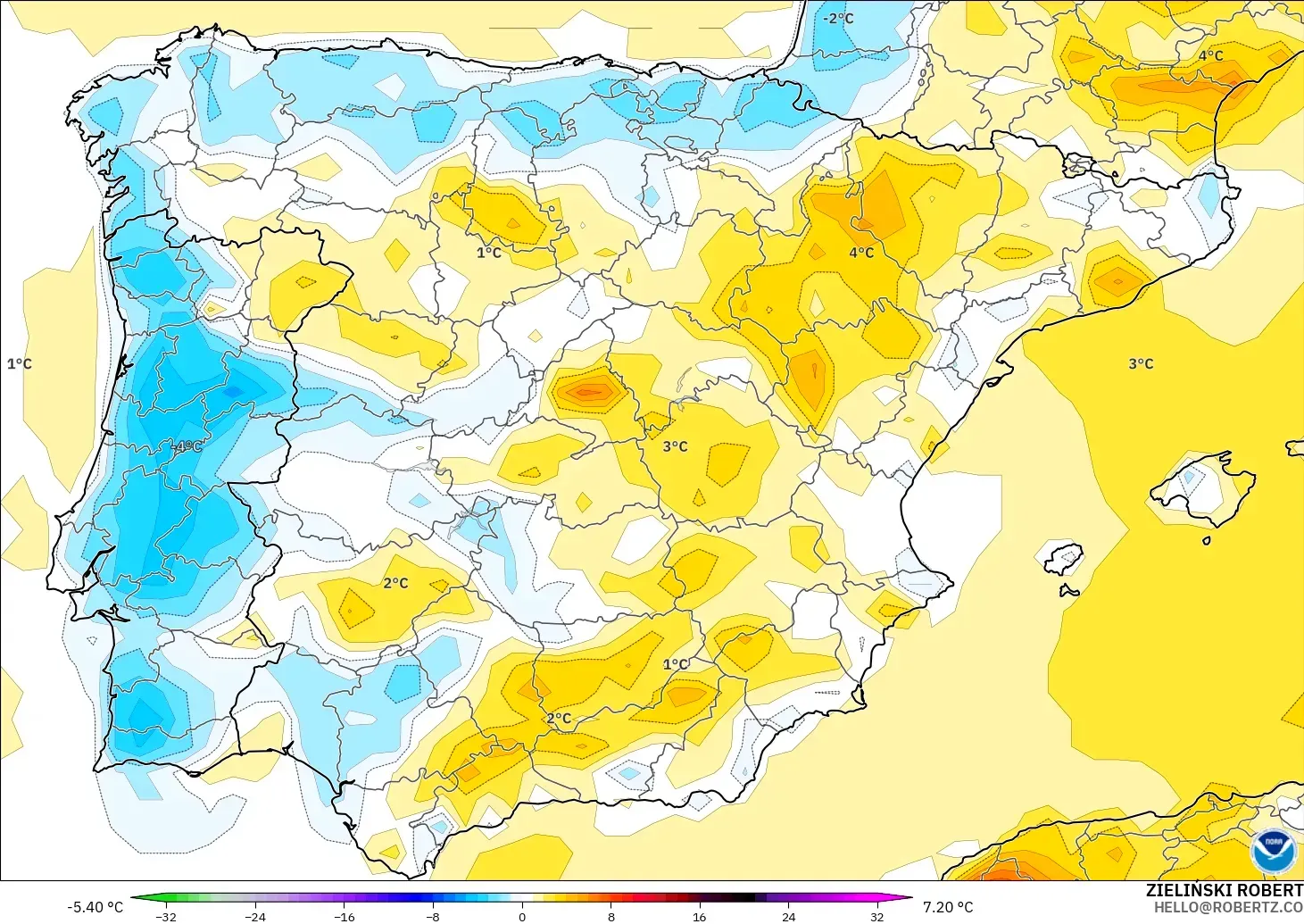 GFS modelo - España, Anomalía de temperatura a 2 m