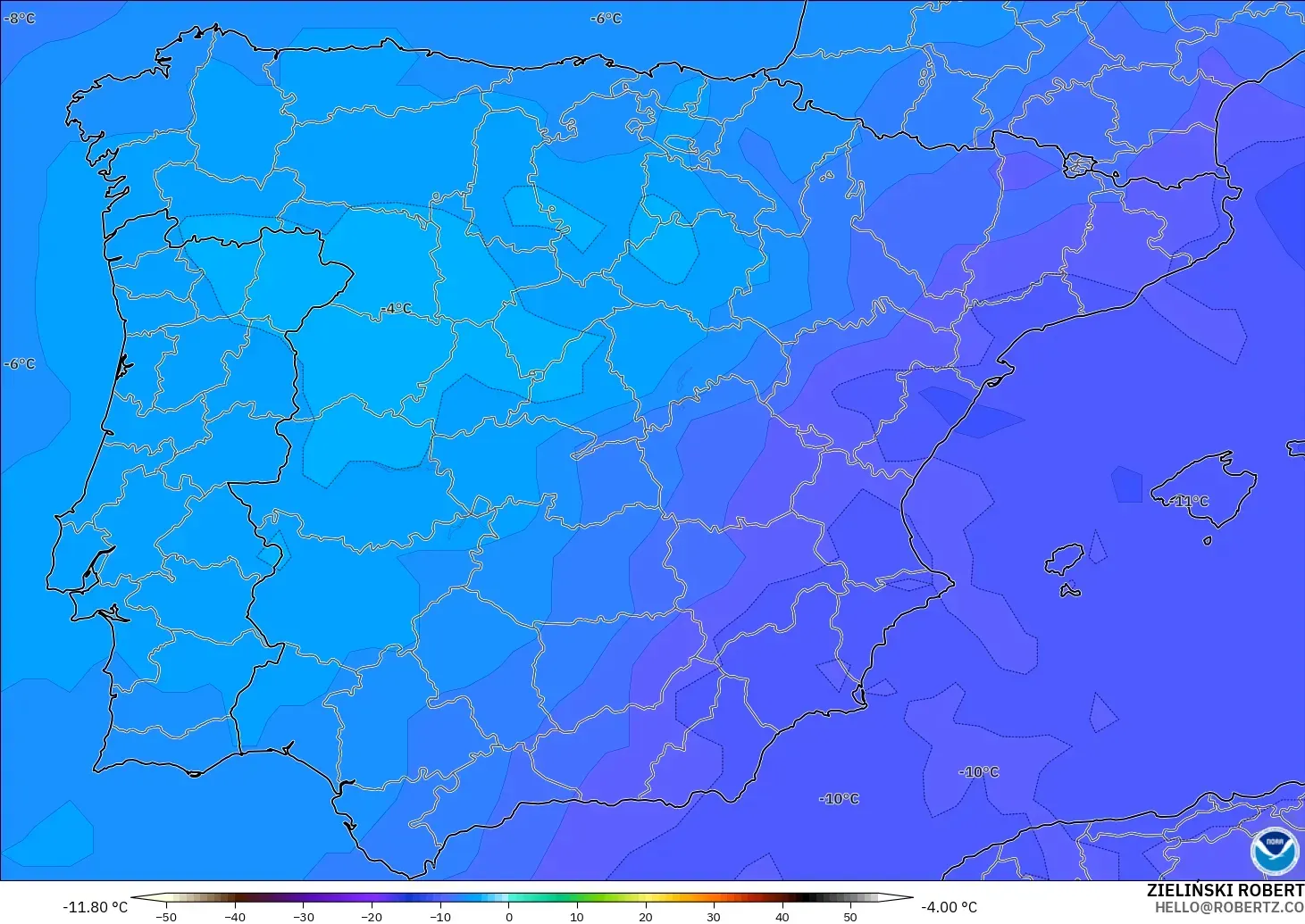 GFS modelo - España, Temperatura a 500 hPa