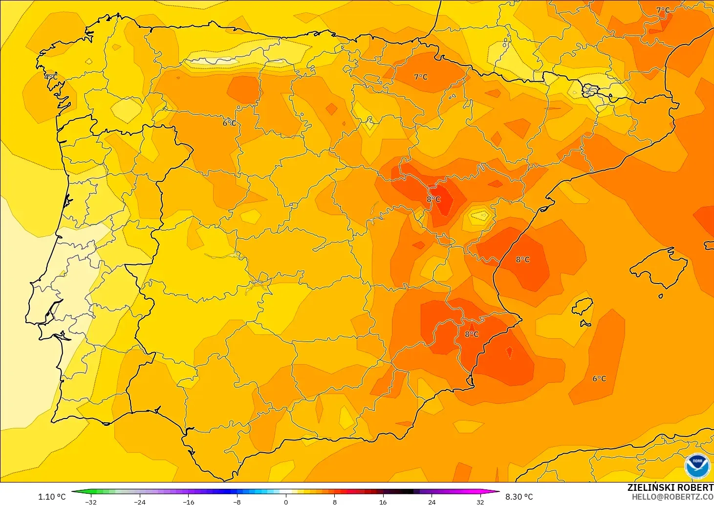 GFS modelo - España, Anomalía de temperatura a 850 hPa
