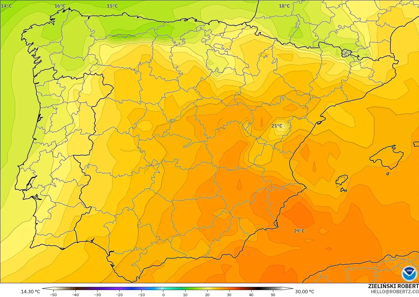 GFS modelo - España, Temperatura a 850 hPa