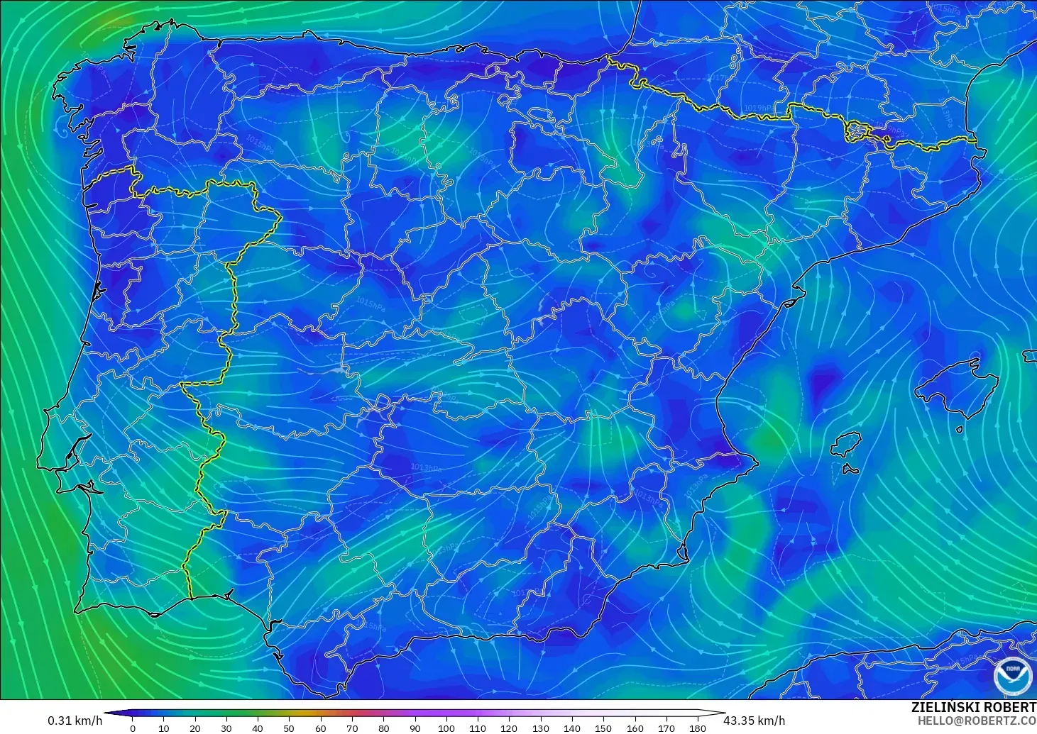 GFS modelo - España, Viento a 10 m