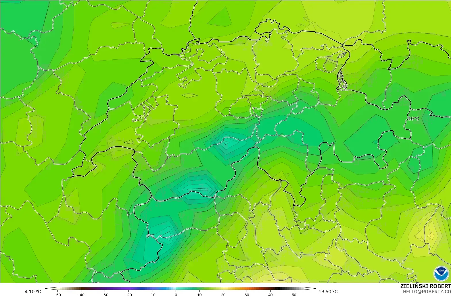 GFS modelo - Suiza, Punto de rocío a 2 m