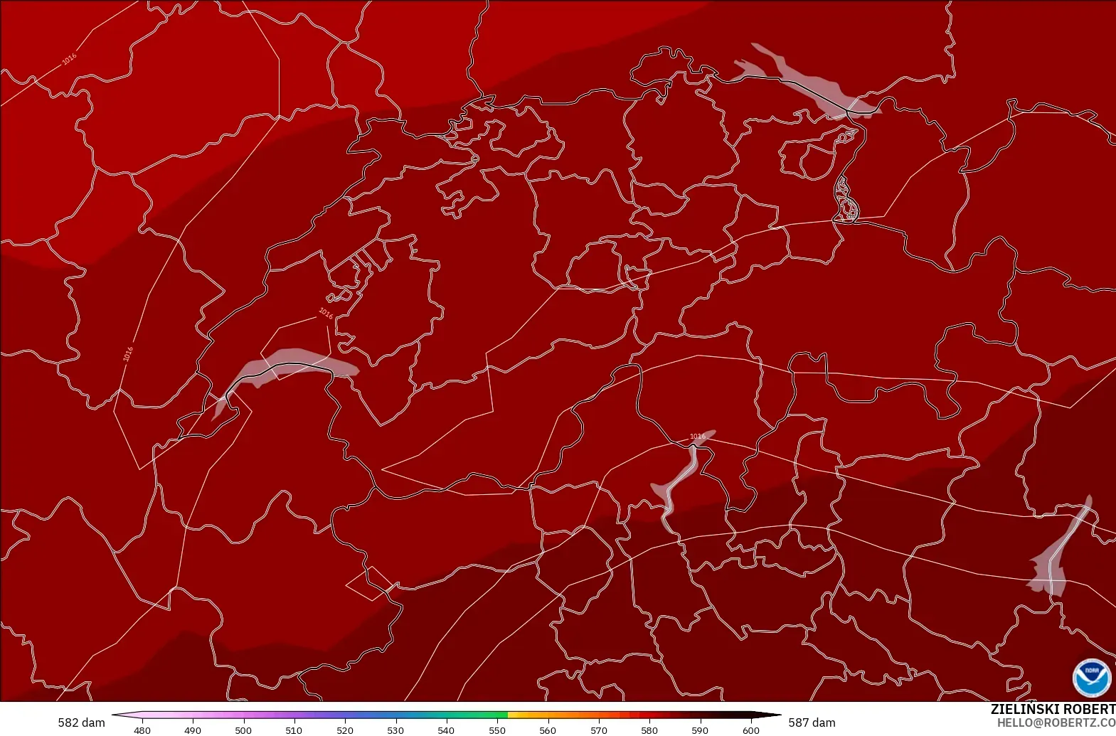 GFS modelo - Suiza, Altura geopotencial a 500 hPa