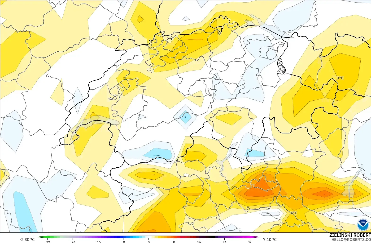 GFS modelo - Suiza, Anomalía de temperatura a 2 m