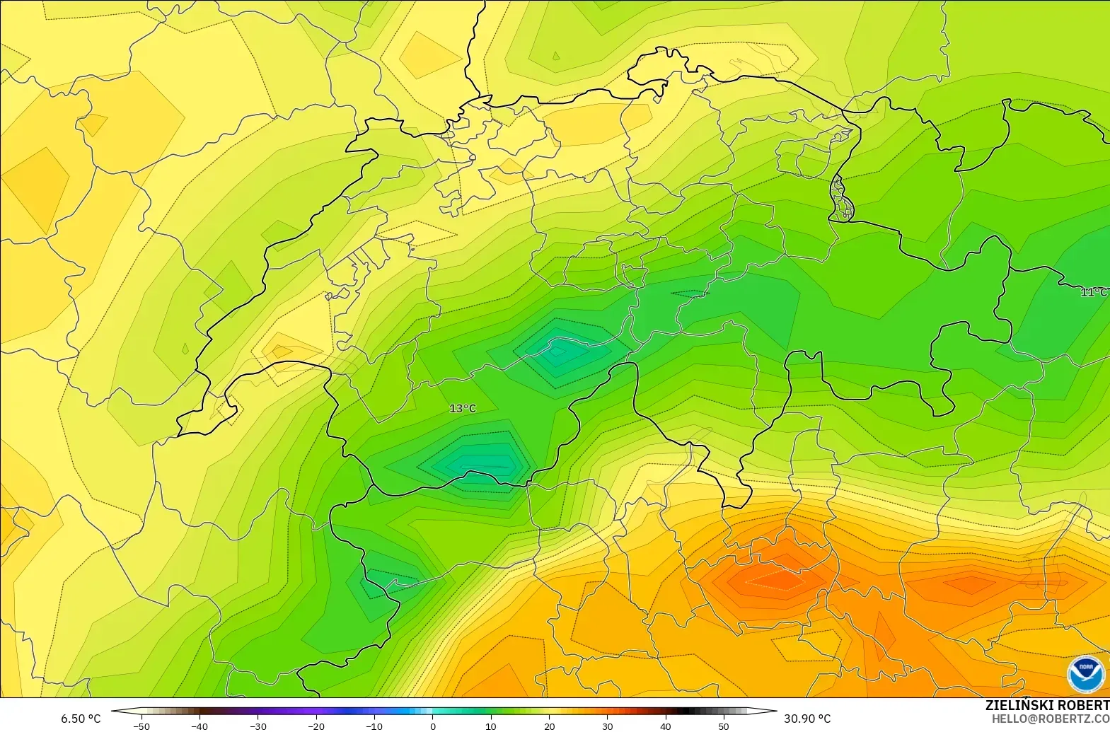 GFS modelo - Suiza, Temperatura a 2 m