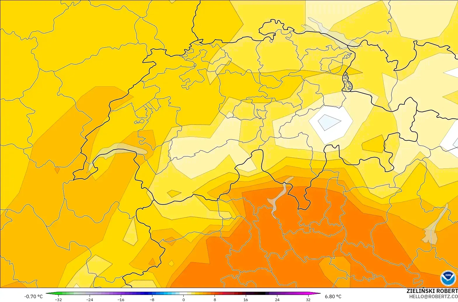 GFS modelo - Suiza, Anomalía de temperatura a 850 hPa