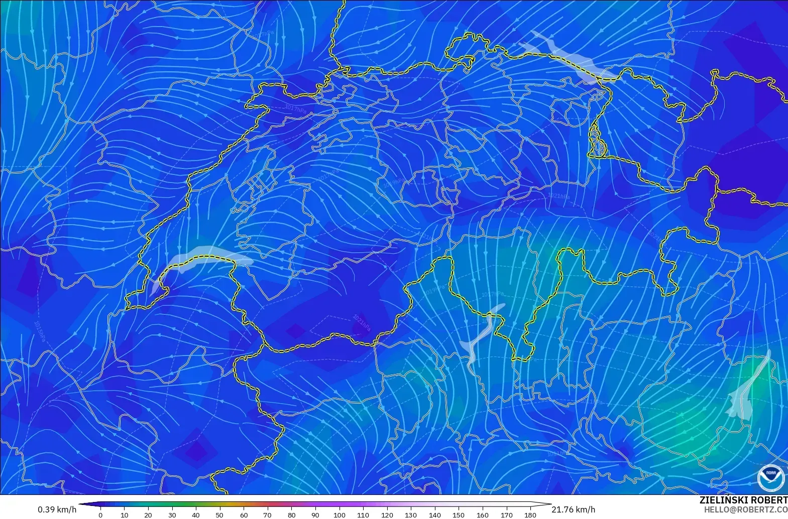 GFS modelo - Suiza, Viento a 10 m