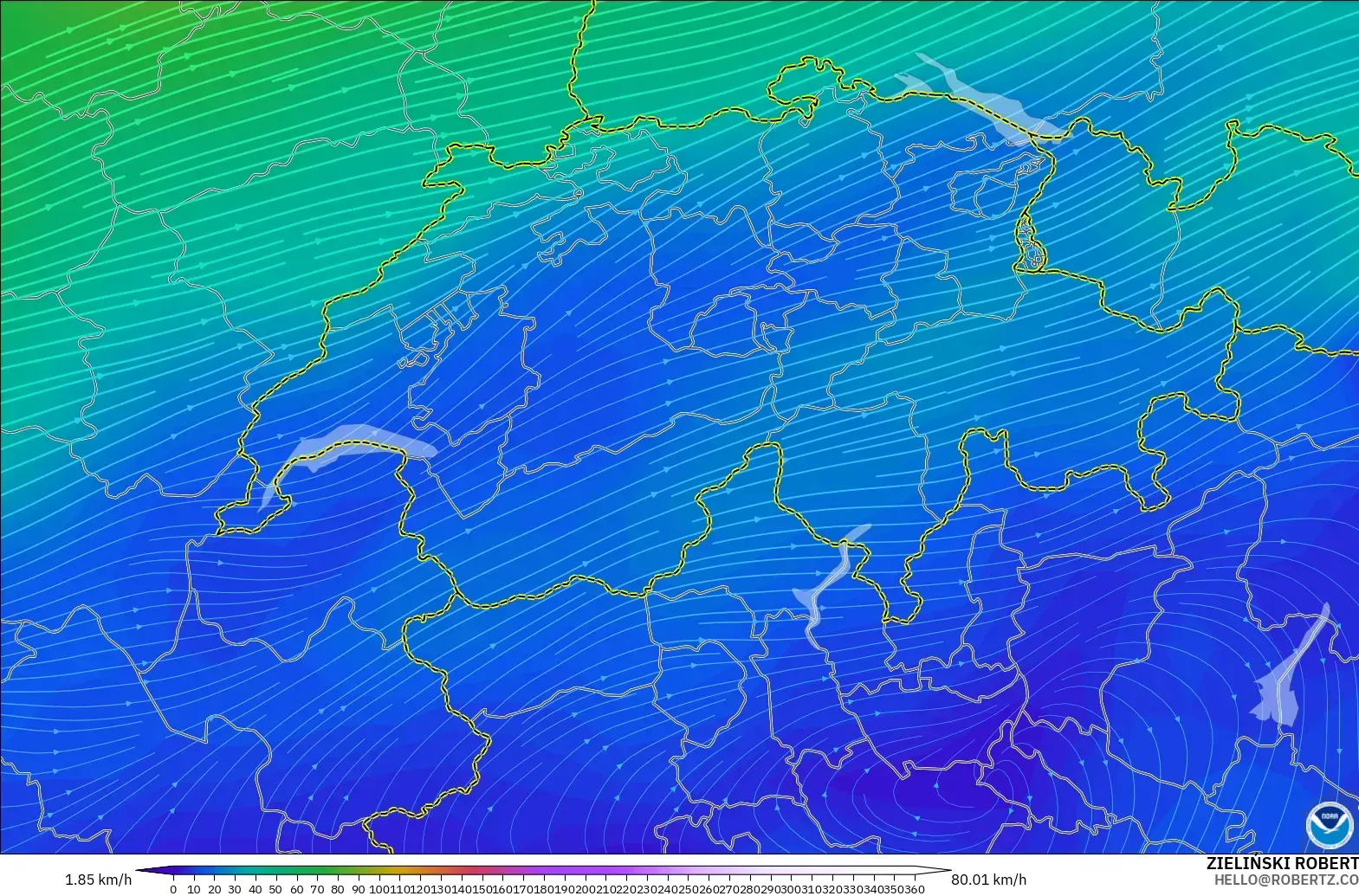 GFS modelo - Suiza, Viento a 300 hPa (corriente en chorro)