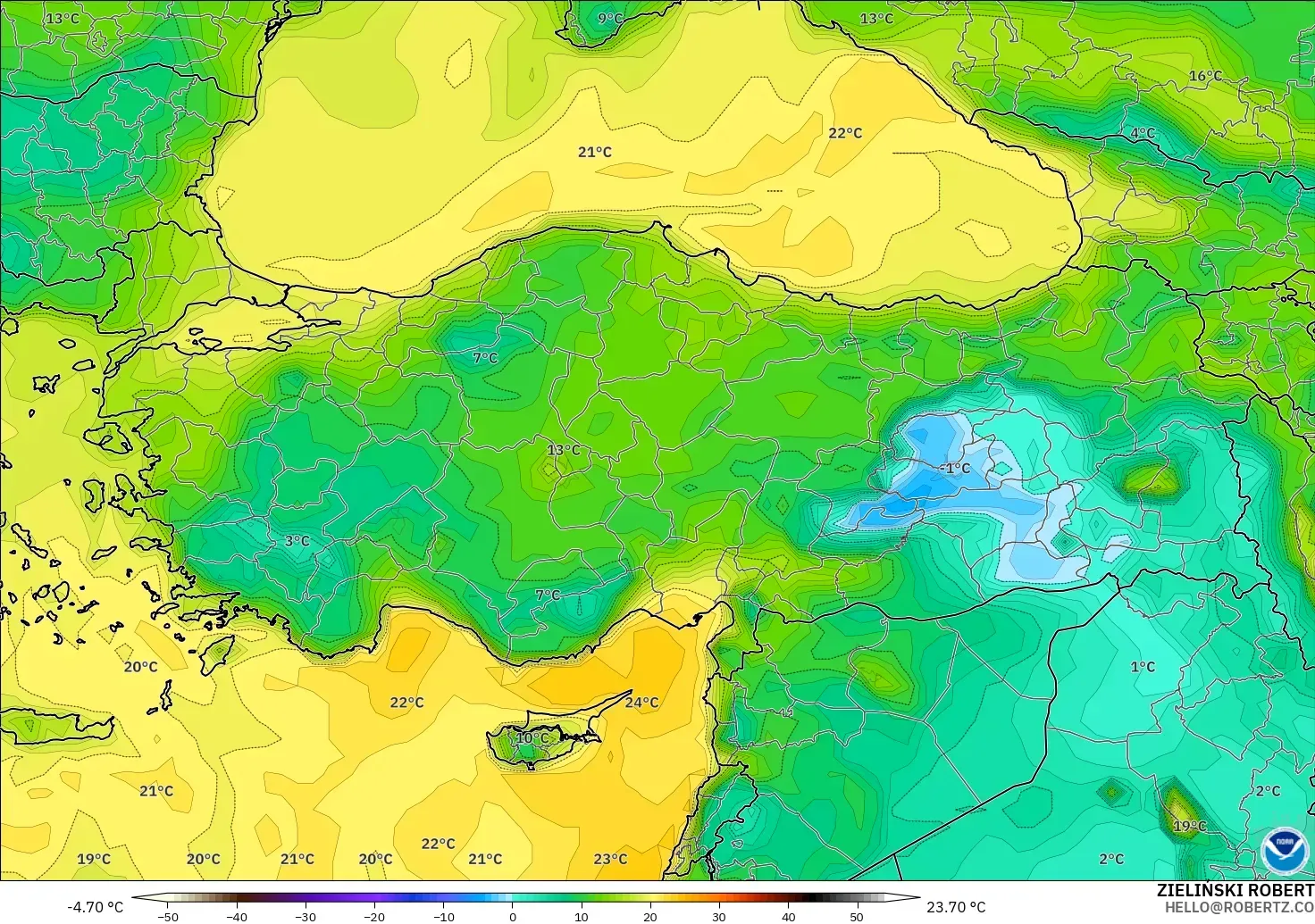 GFS modelo - Turquía, Punto de rocío a 2 m