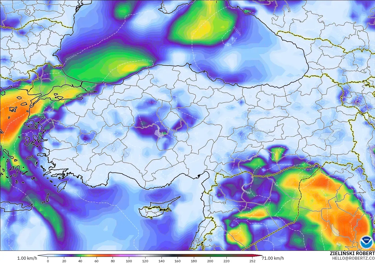 GFS modelo - Turquía, Ráfagas de viento