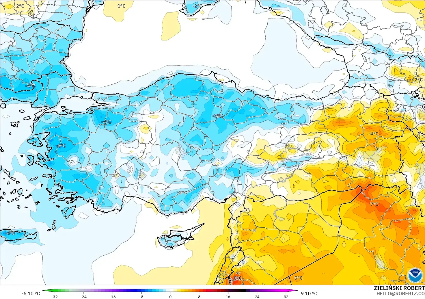 GFS modelo - Turquía, Anomalía de temperatura a 2 m