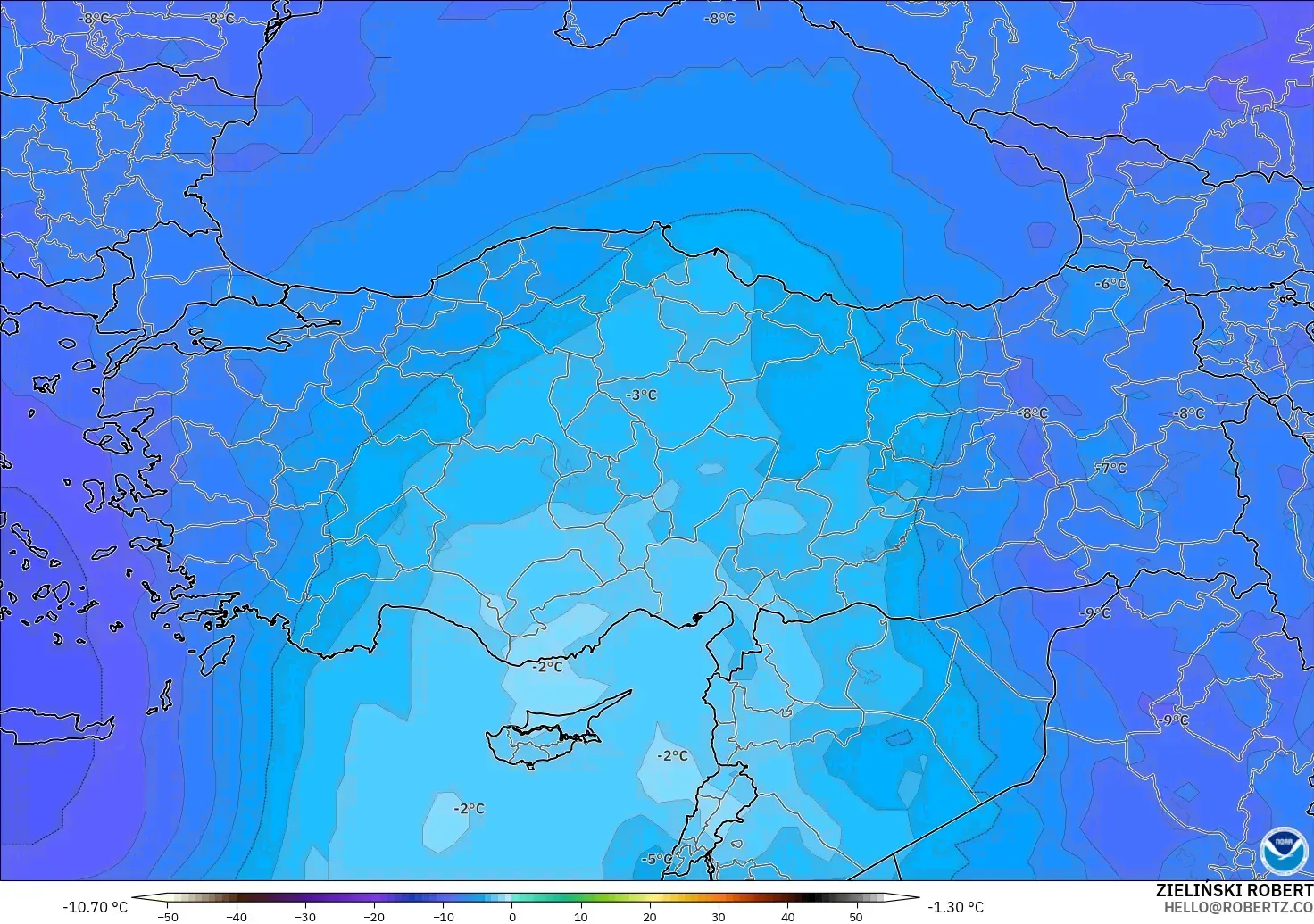 GFS modelo - Turquía, Temperatura a 500 hPa