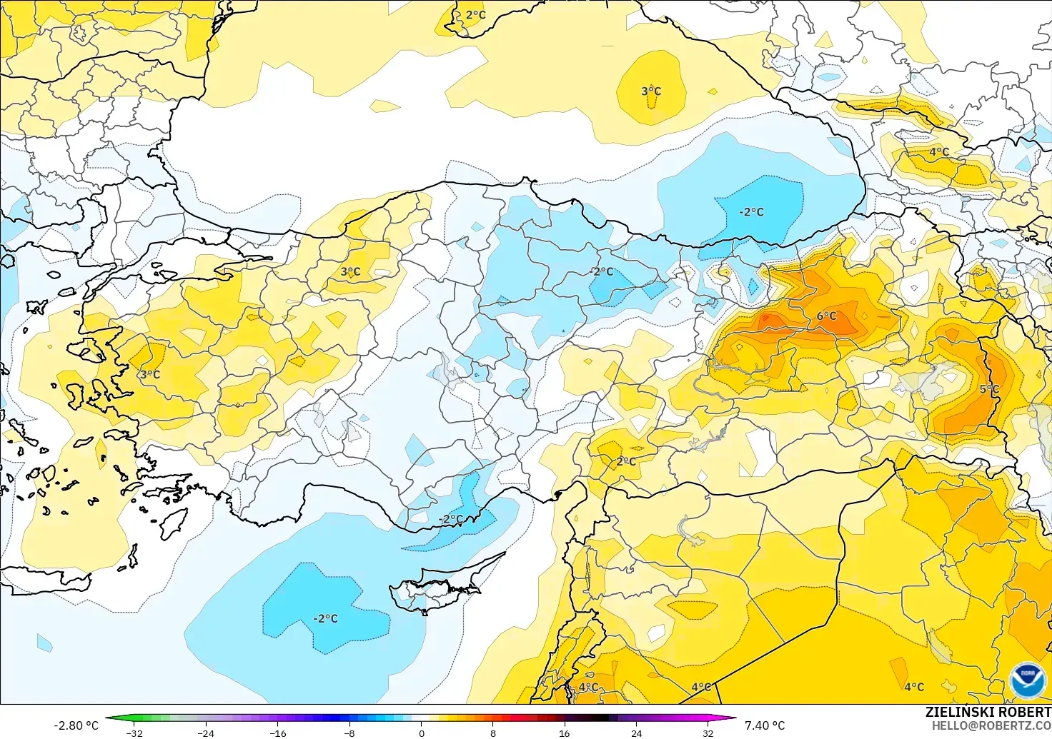GFS modelo - Turquía, Anomalía de temperatura a 850 hPa