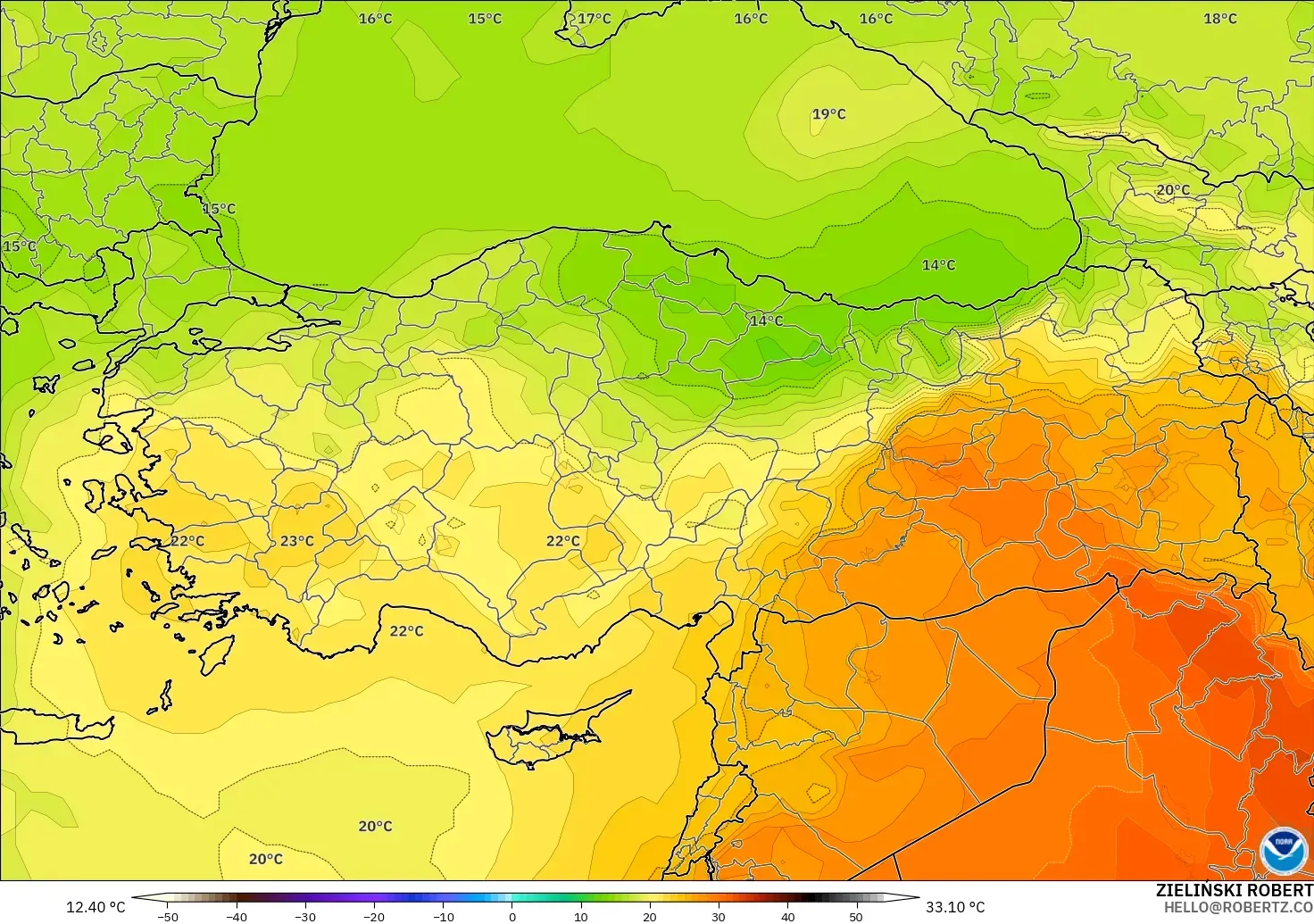 GFS modelo - Turquía, Temperatura a 850 hPa