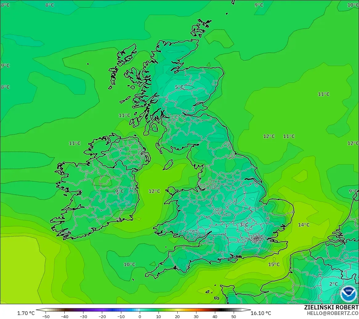 GFS modelo - Reino Unido, Punto de rocío a 2 m