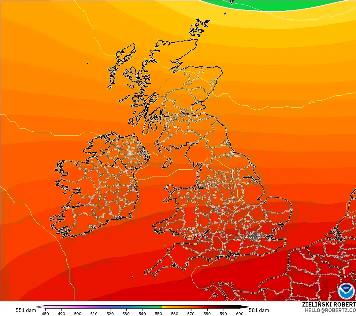GFS modelo - Reino Unido, Altura geopotencial a 500 hPa