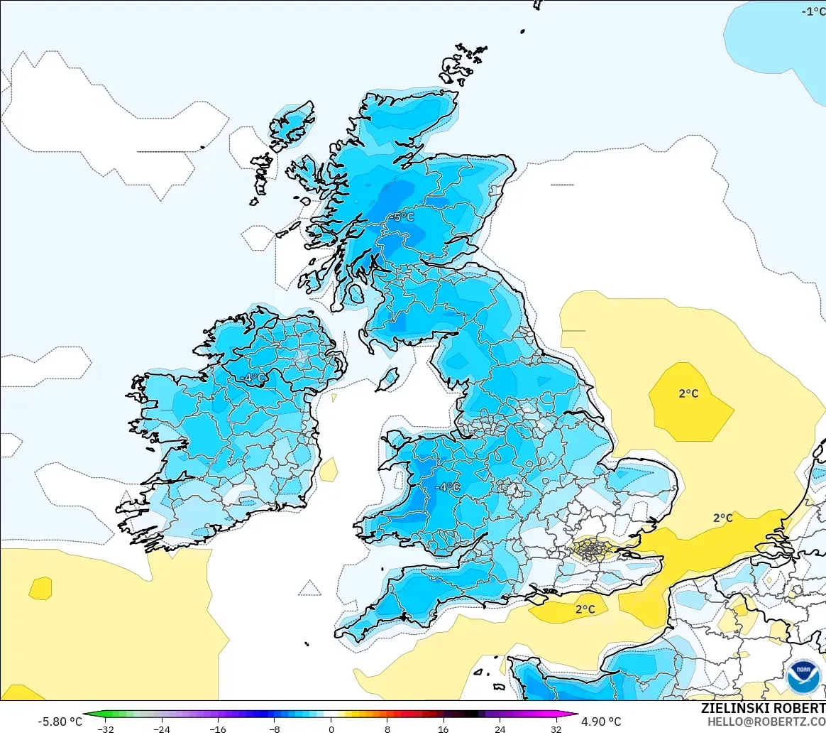 GFS modelo - Reino Unido, Anomalía de temperatura a 2 m