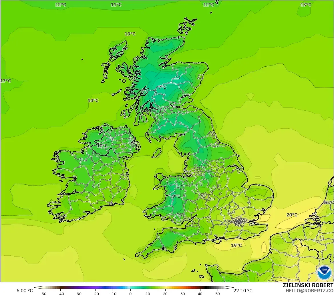GFS modelo - Reino Unido, Temperatura a 2 m