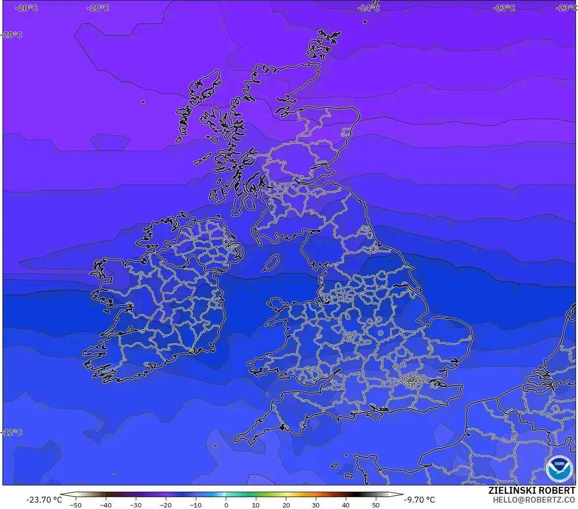 GFS modelo - Reino Unido, Temperatura a 500 hPa