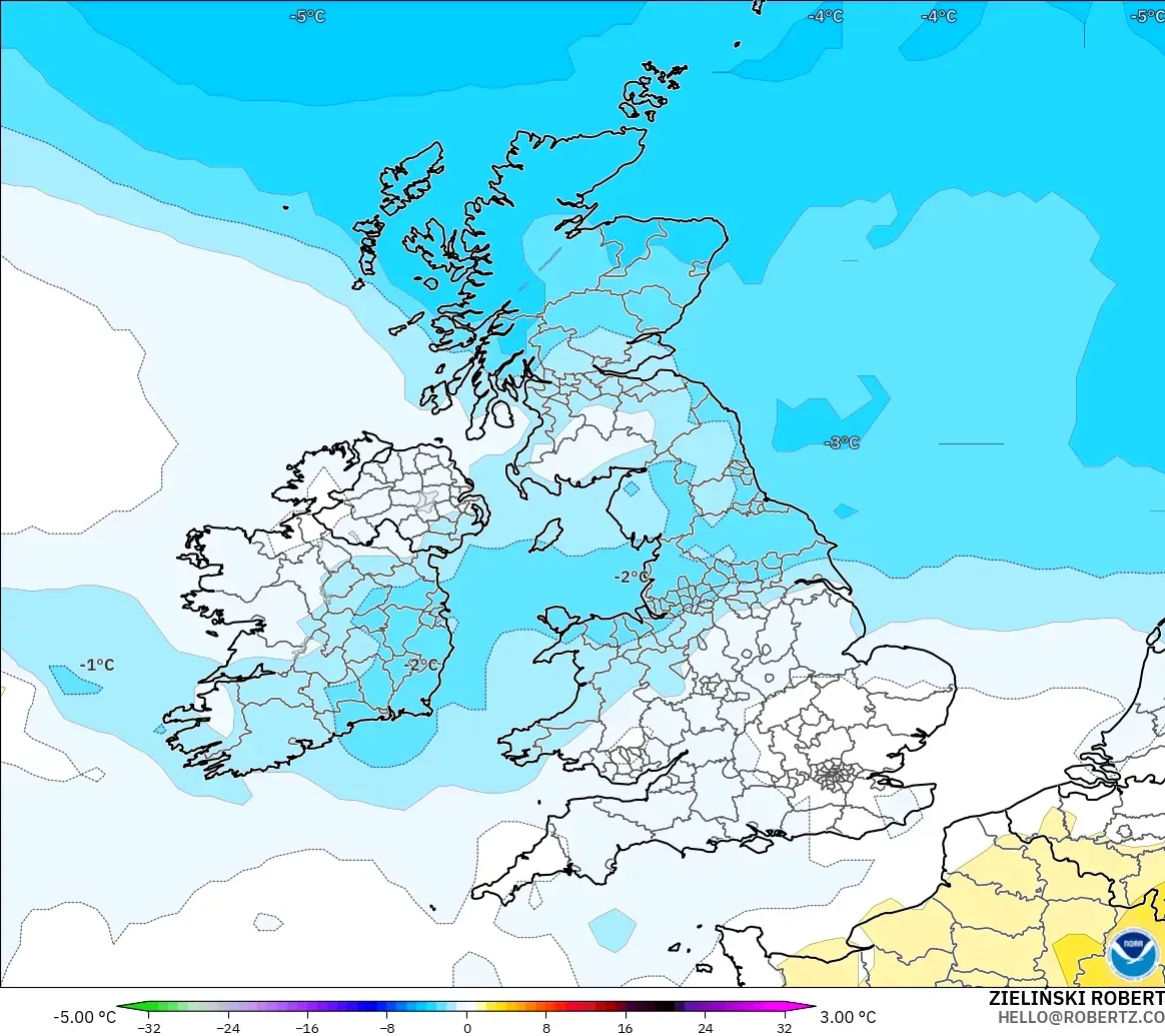 GFS modelo - Reino Unido, Anomalía de temperatura a 850 hPa