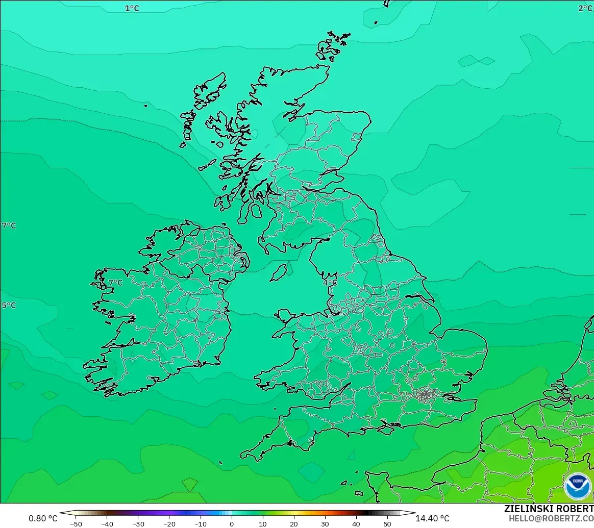 GFS modelo - Reino Unido, Temperatura a 850 hPa