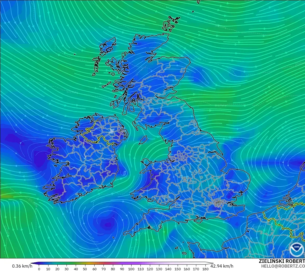 GFS modelo - Reino Unido, Viento a 10 m