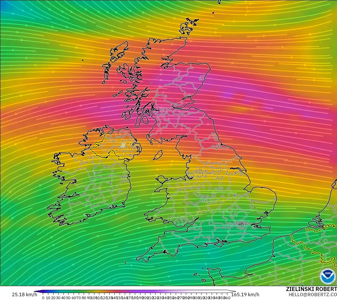 GFS modelo - Reino Unido, Viento a 300 hPa (corriente en chorro)