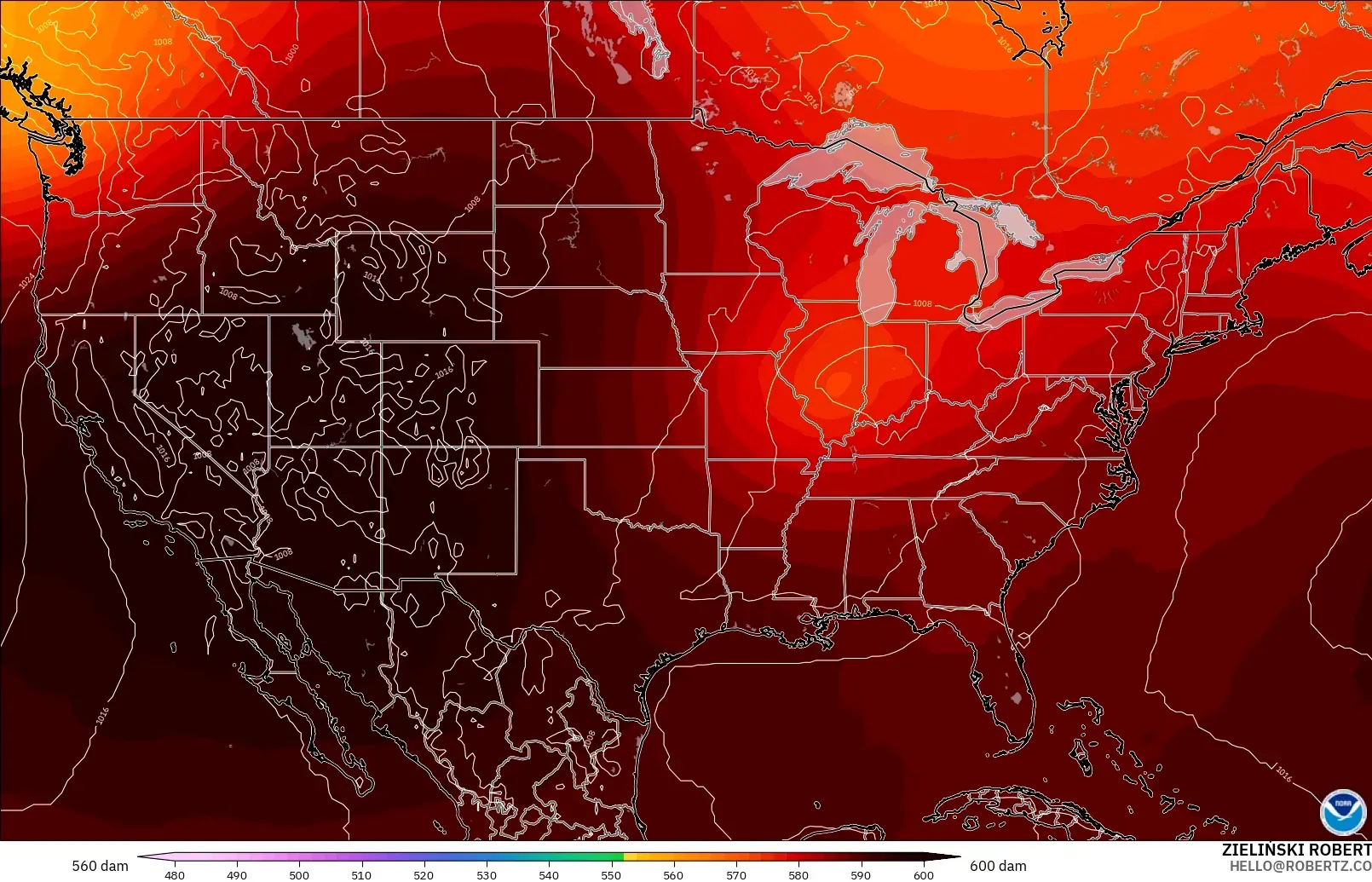 GFS modelo - Estados Unidos, Altura geopotencial a 500 hPa
