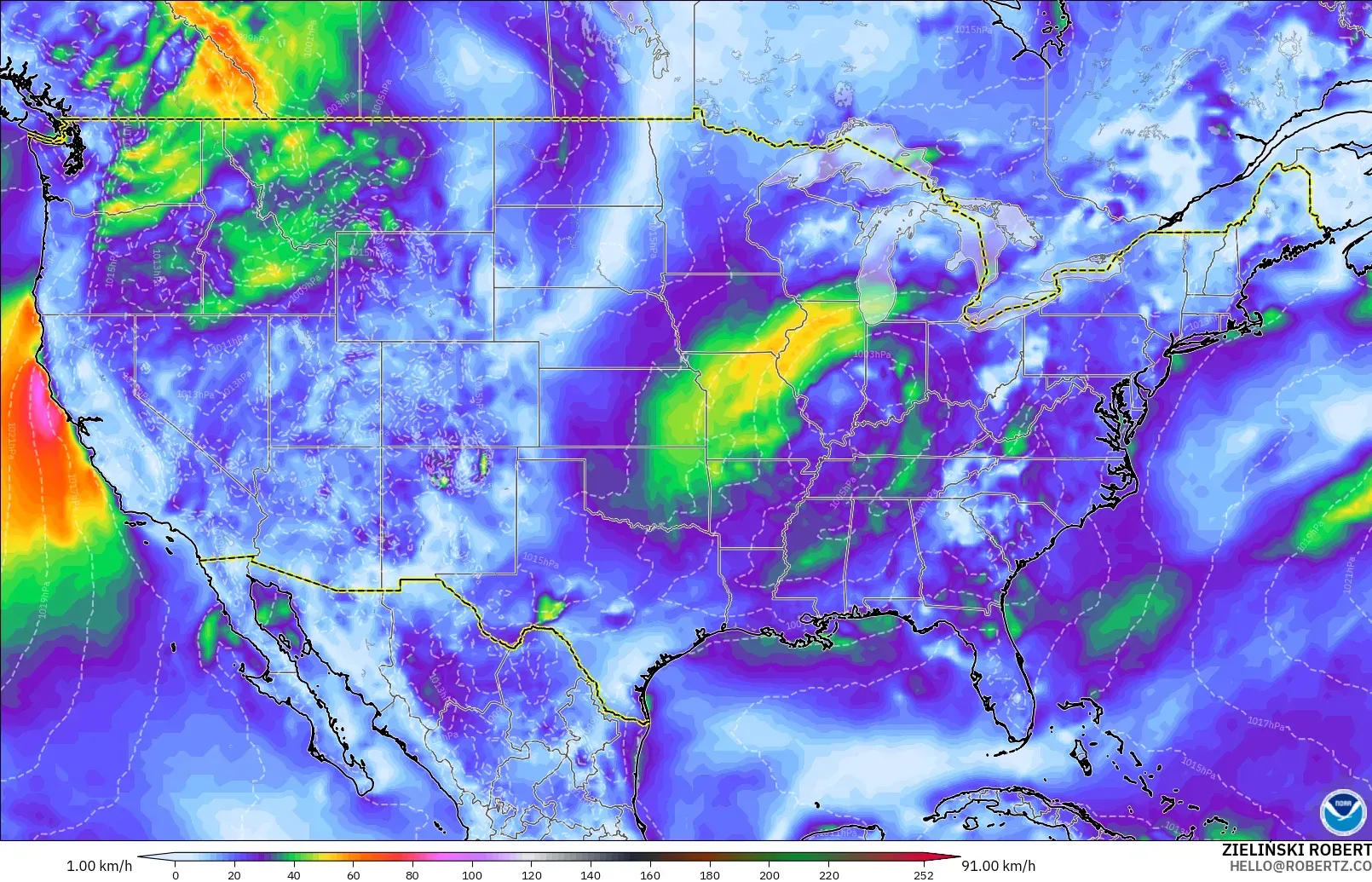 GFS modelo - Estados Unidos, Ráfagas de viento