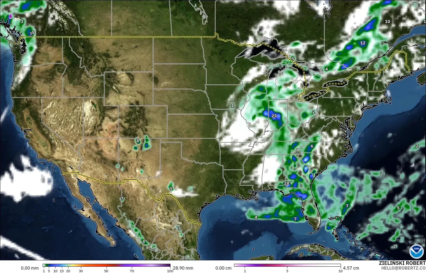 GFS modelo - Estados Unidos, Precipitación, nubes y presión