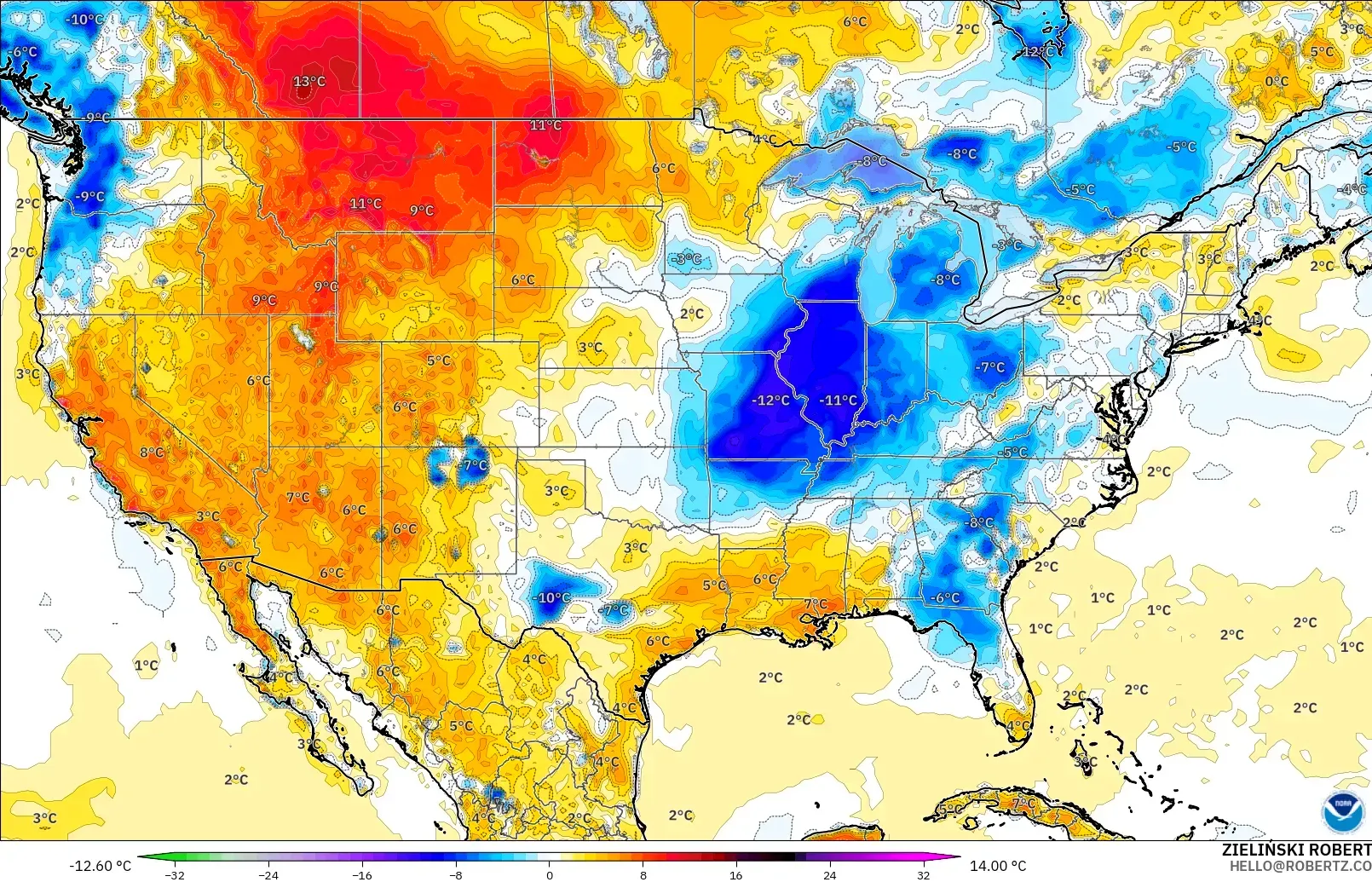 GFS modelo - Estados Unidos, Anomalía de temperatura a 2 m