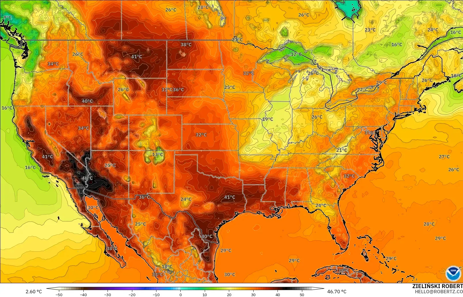 GFS modelo - Estados Unidos, Temperatura a 2 m