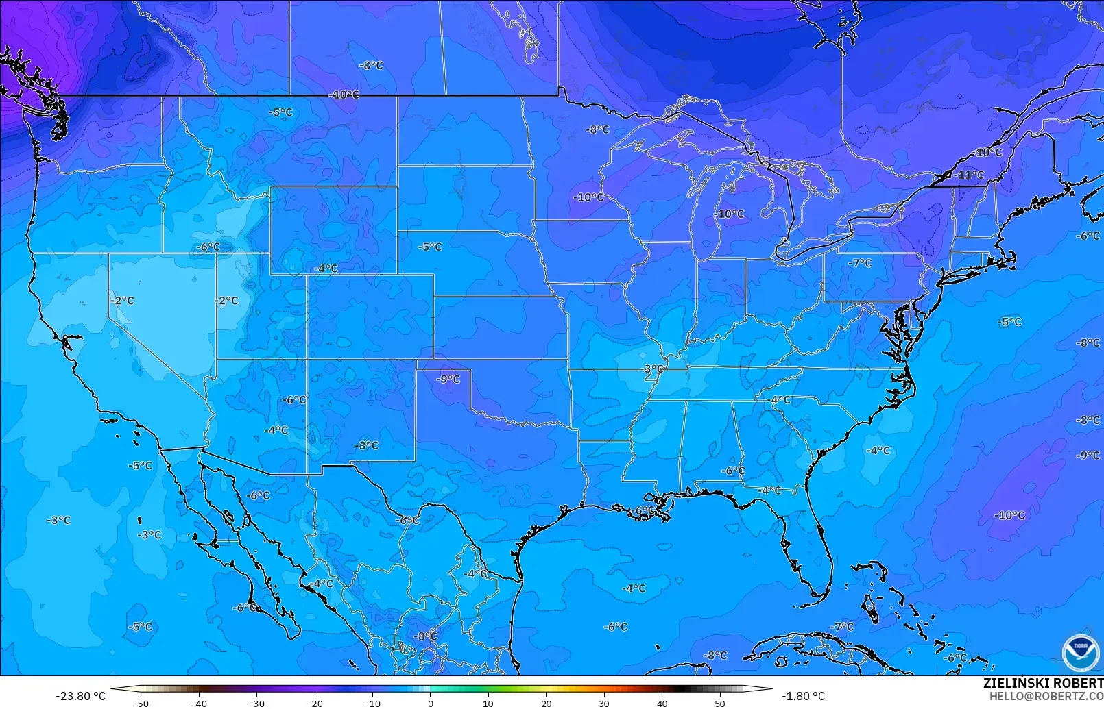 GFS modelo - Estados Unidos, Temperatura a 500 hPa