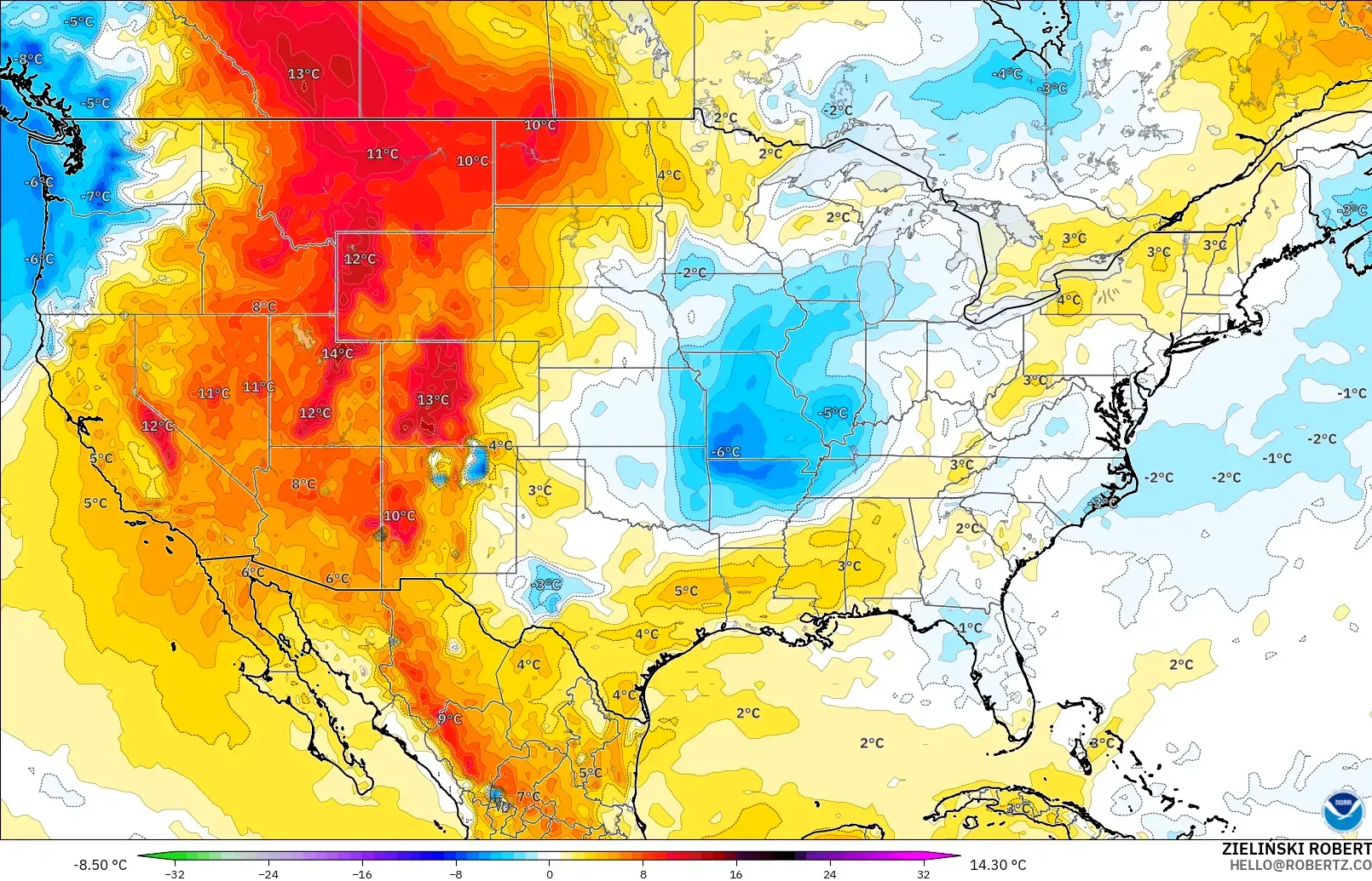 GFS modelo - Estados Unidos, Anomalía de temperatura a 850 hPa