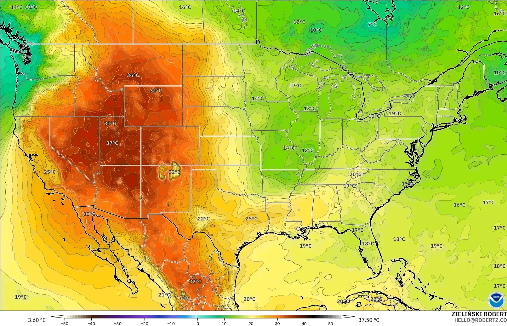 GFS modelo - Estados Unidos, Temperatura a 850 hPa