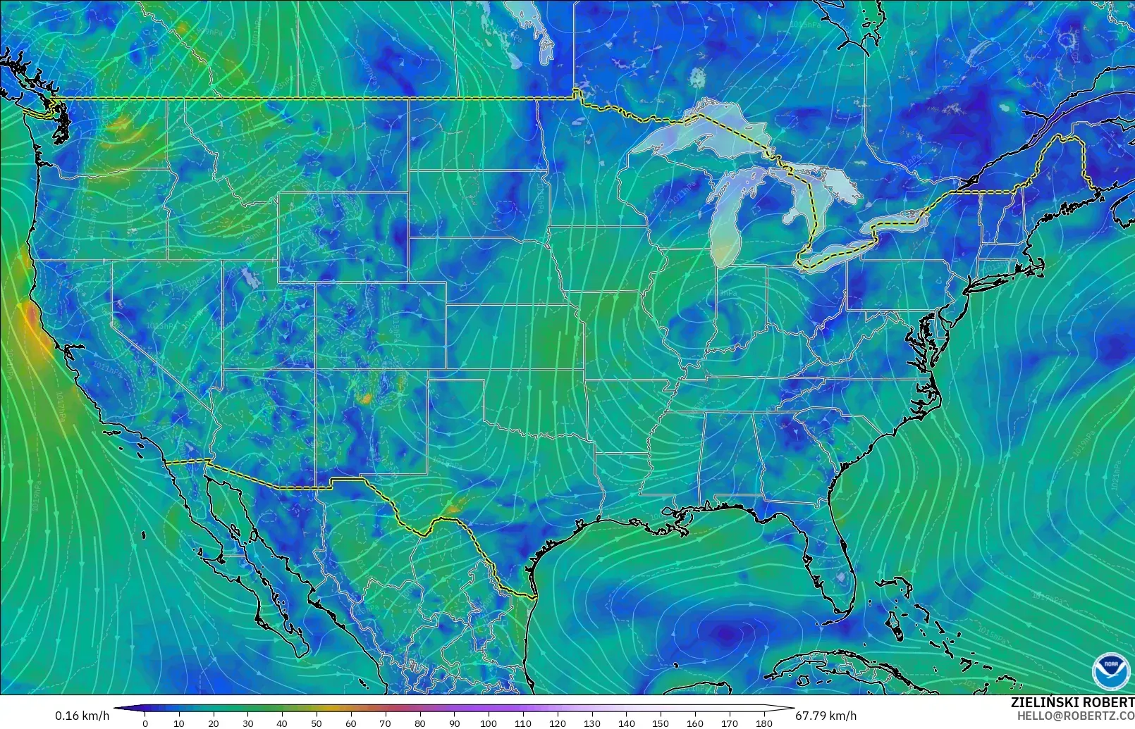 GFS modelo - Estados Unidos, Viento a 10 m