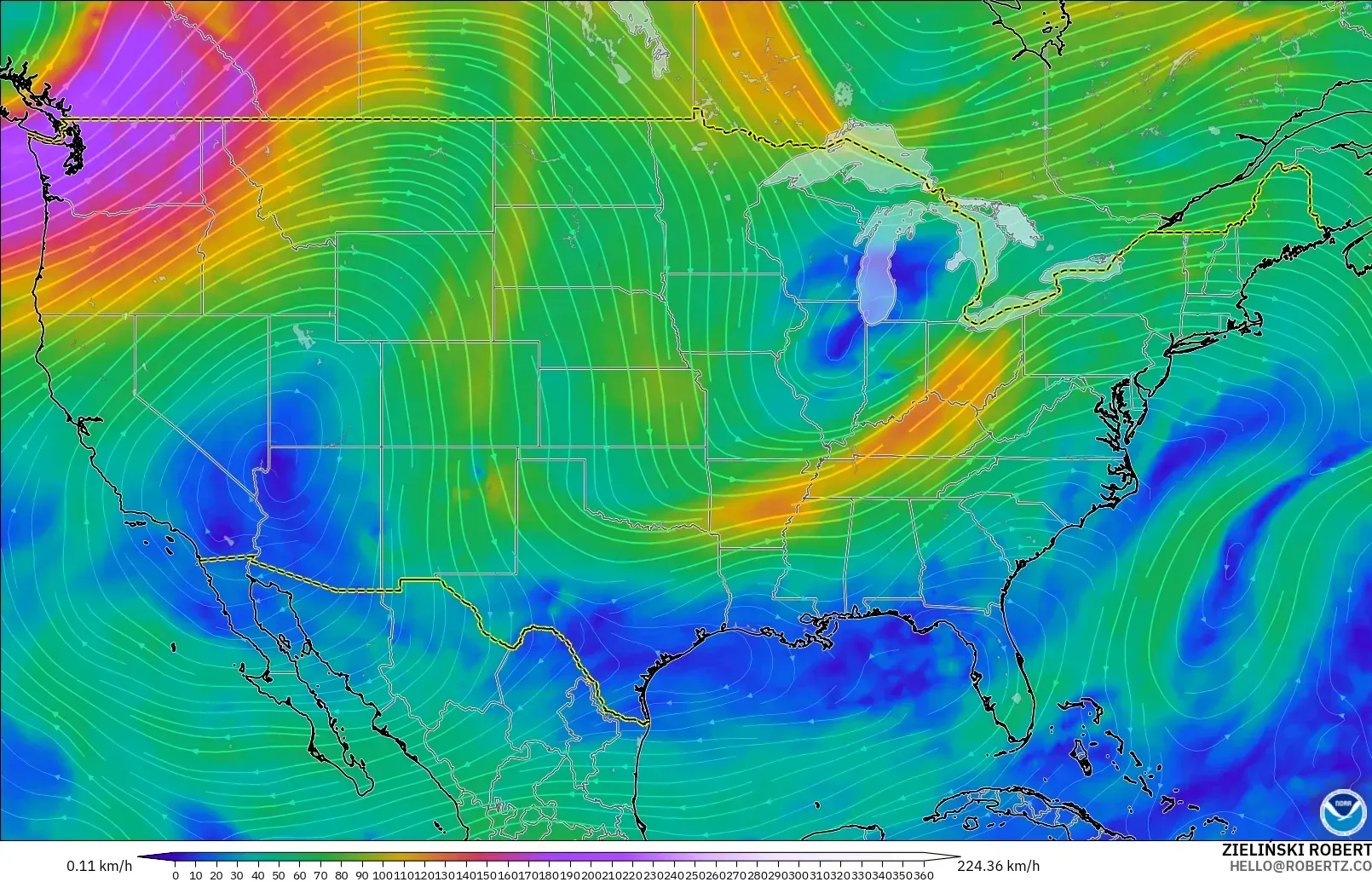 GFS modelo - Estados Unidos, Viento a 300 hPa (corriente en chorro)
