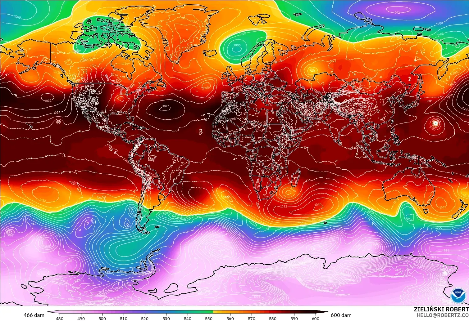 GFS modelo - Mundo, Altura geopotencial a 500 hPa