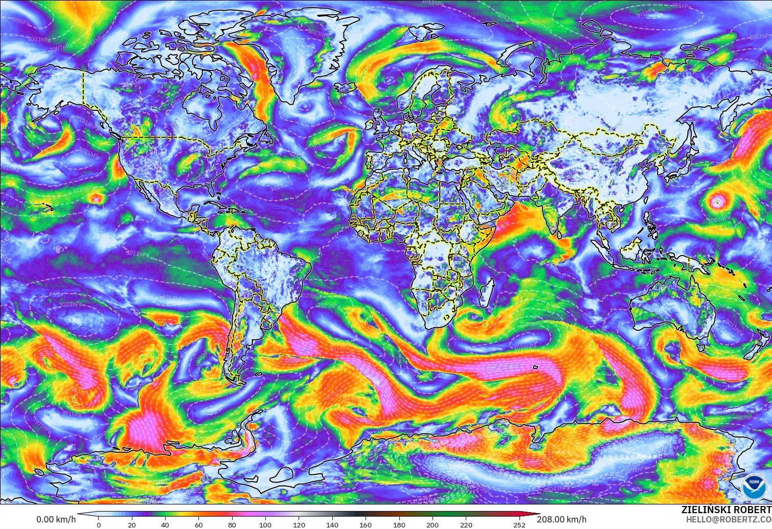 GFS modelo - Mundo, Ráfagas de viento