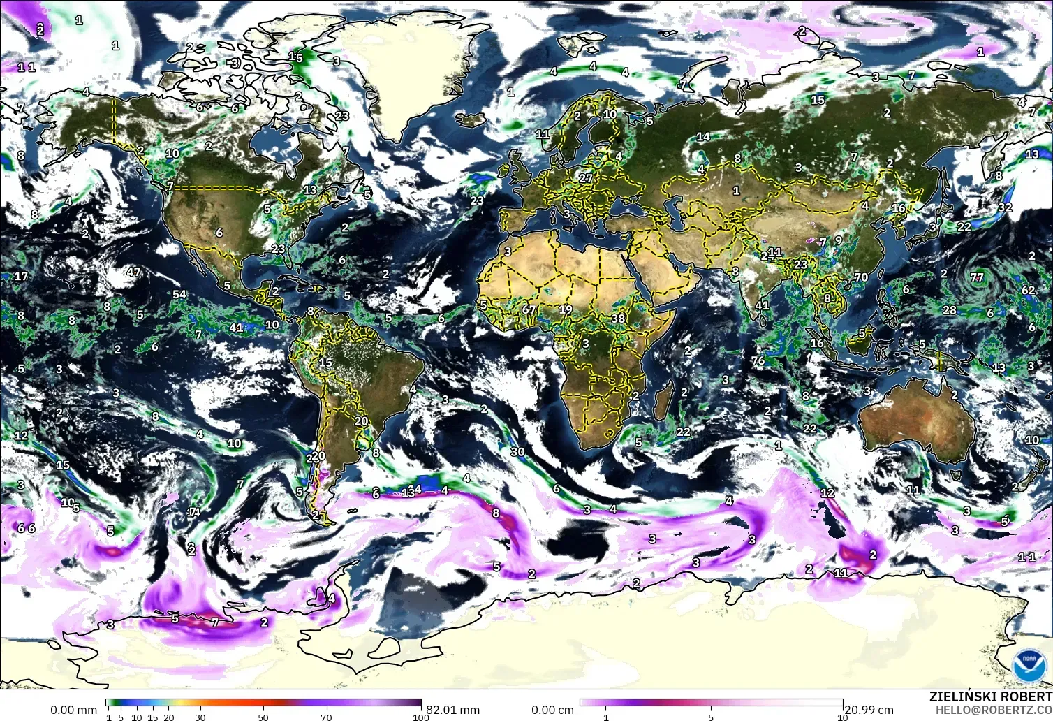GFS modelo - Mundo, Precipitación, nubes y presión