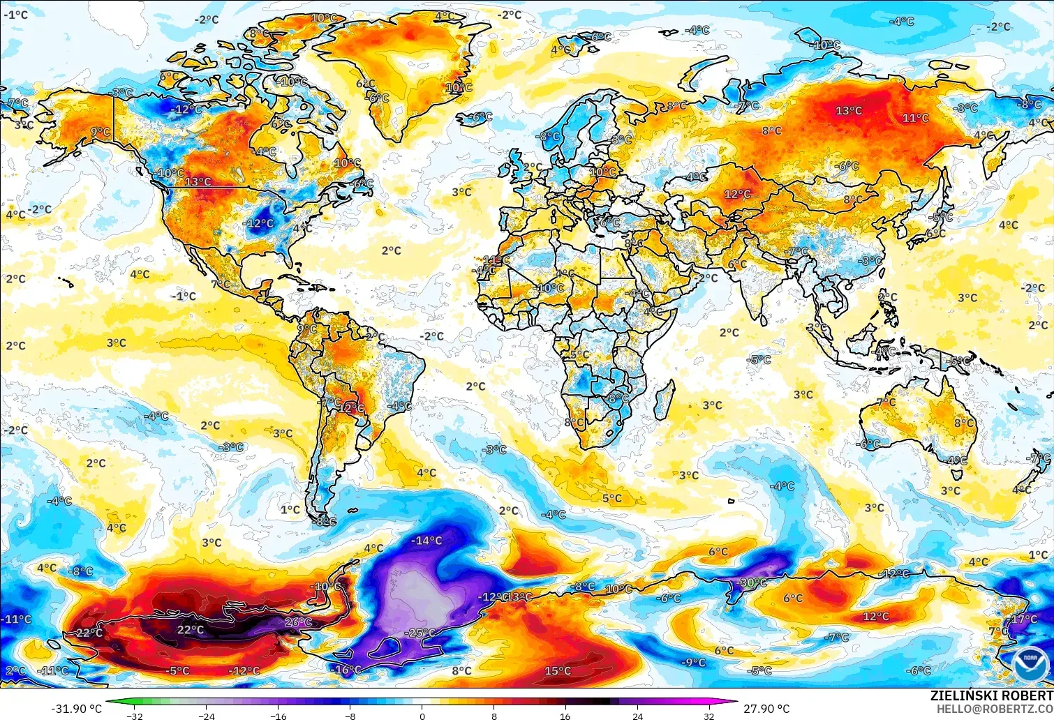 GFS modelo - Mundo, Anomalía de temperatura a 2 m