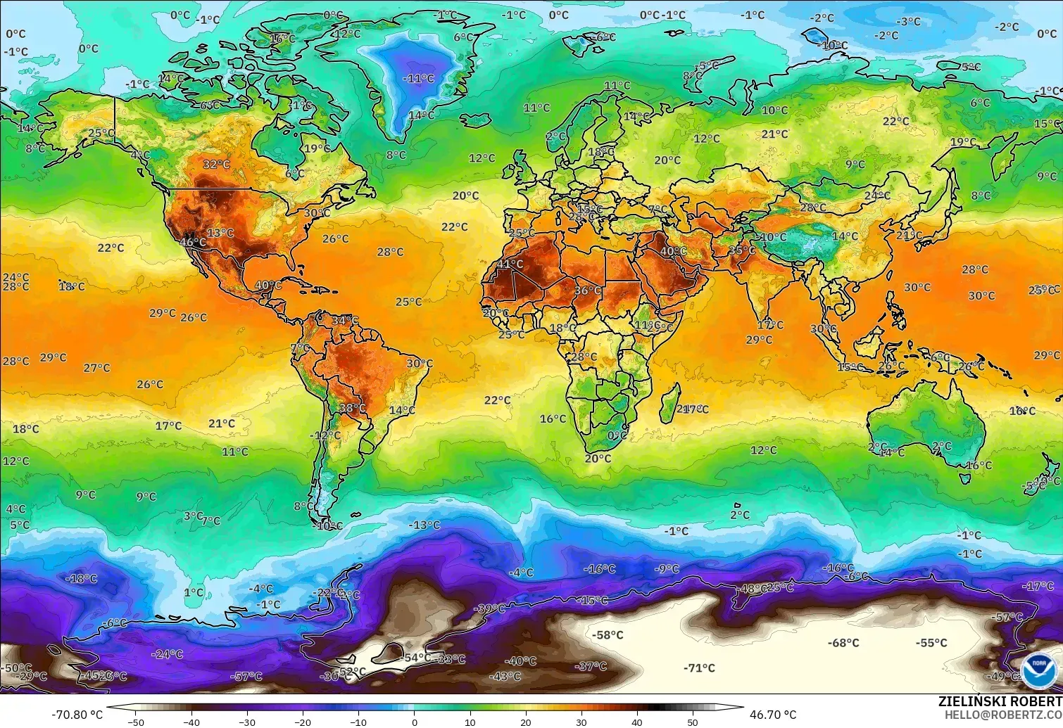 GFS modelo - Mundo, Temperatura a 2 m