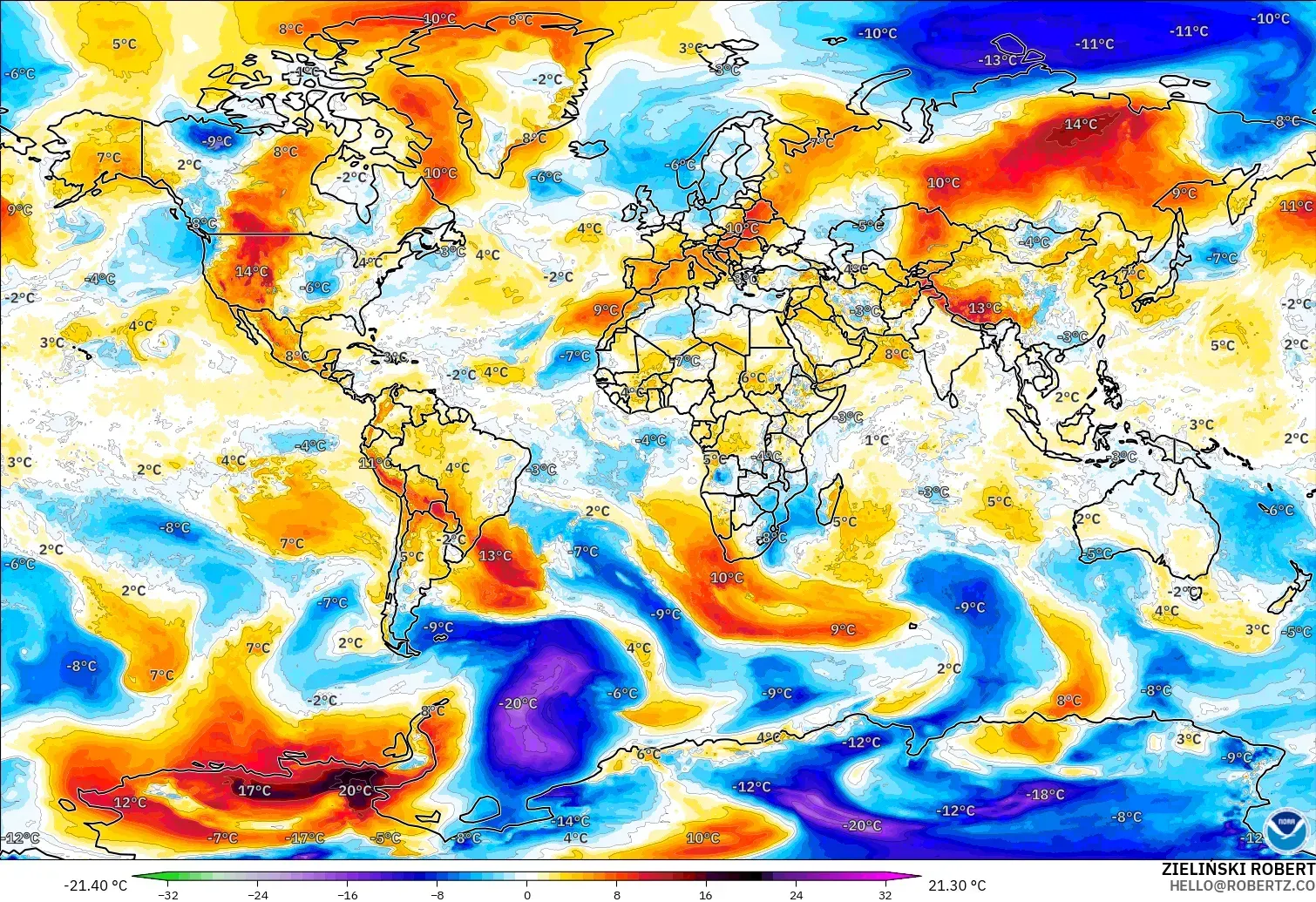 GFS modelo - Mundo, Anomalía de temperatura a 850 hPa